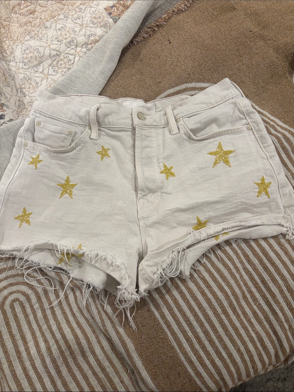 MOTHER White Denim Shorts with Gold Star Details